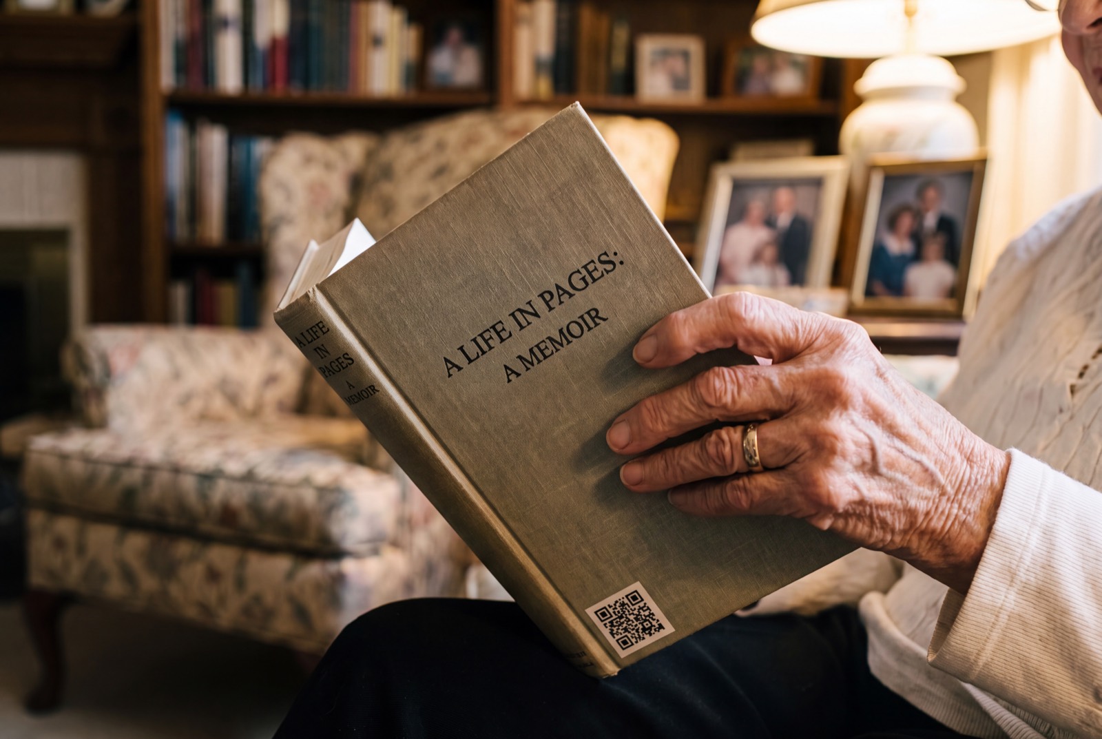 An older person holding an open, finished memoir with family photographs behind them.