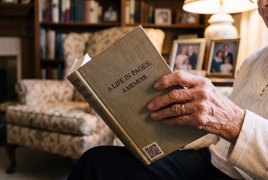 An older person holding an open, finished memoir with family photographs behind them.