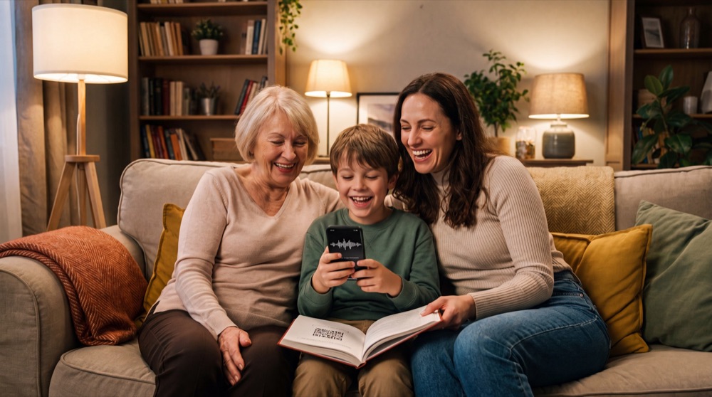 A grandmother, a mother, and a young boy on a sofa, smiling as they listen to a recorded story.