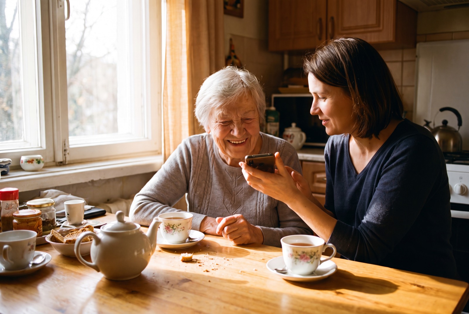 A daughter and her mother laughing together at a sunlit kitchen table while recording a story.