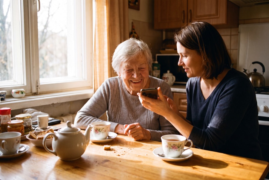 A daughter and her mother laughing together at a sunlit kitchen table while recording a story.